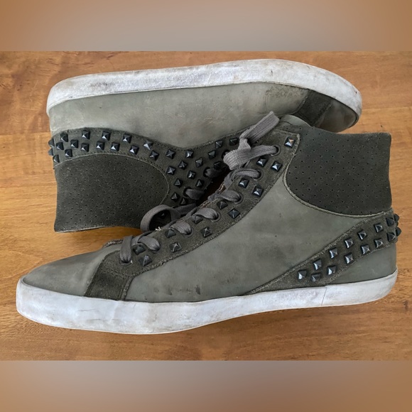 Crime London Green Leather Distressed Studded High Top Sneakers 41/11 - Picture 4 of 14